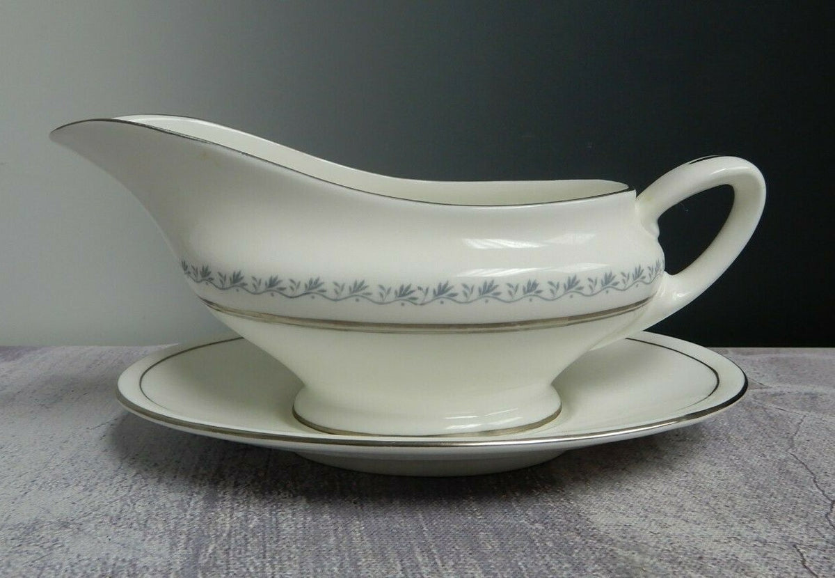 Vintage TIARA Royal DoultonFine Bone China Platinum Gravy Boat w/Underplate