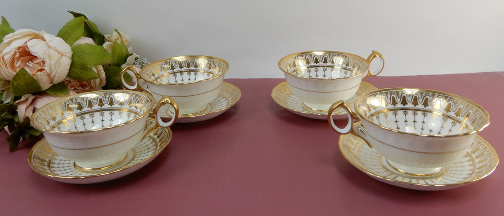 4 Antique Cauldon England 12oz Cups & Saucers Gold for Rich-Briggs.Co Boston