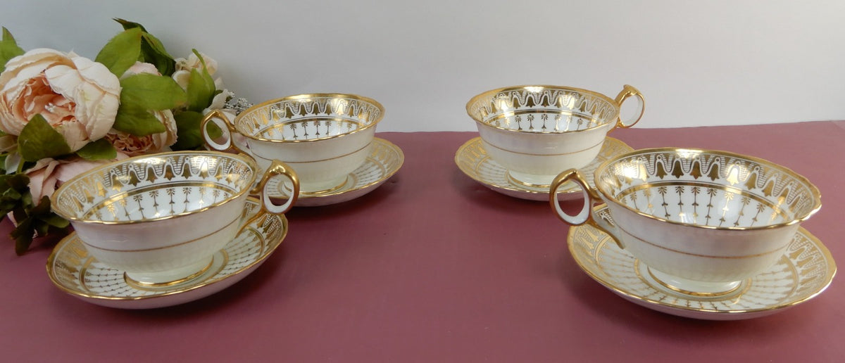 4 Antique Cauldon England 12oz Cups & Saucers Gold for Rich-Briggs.Co Boston