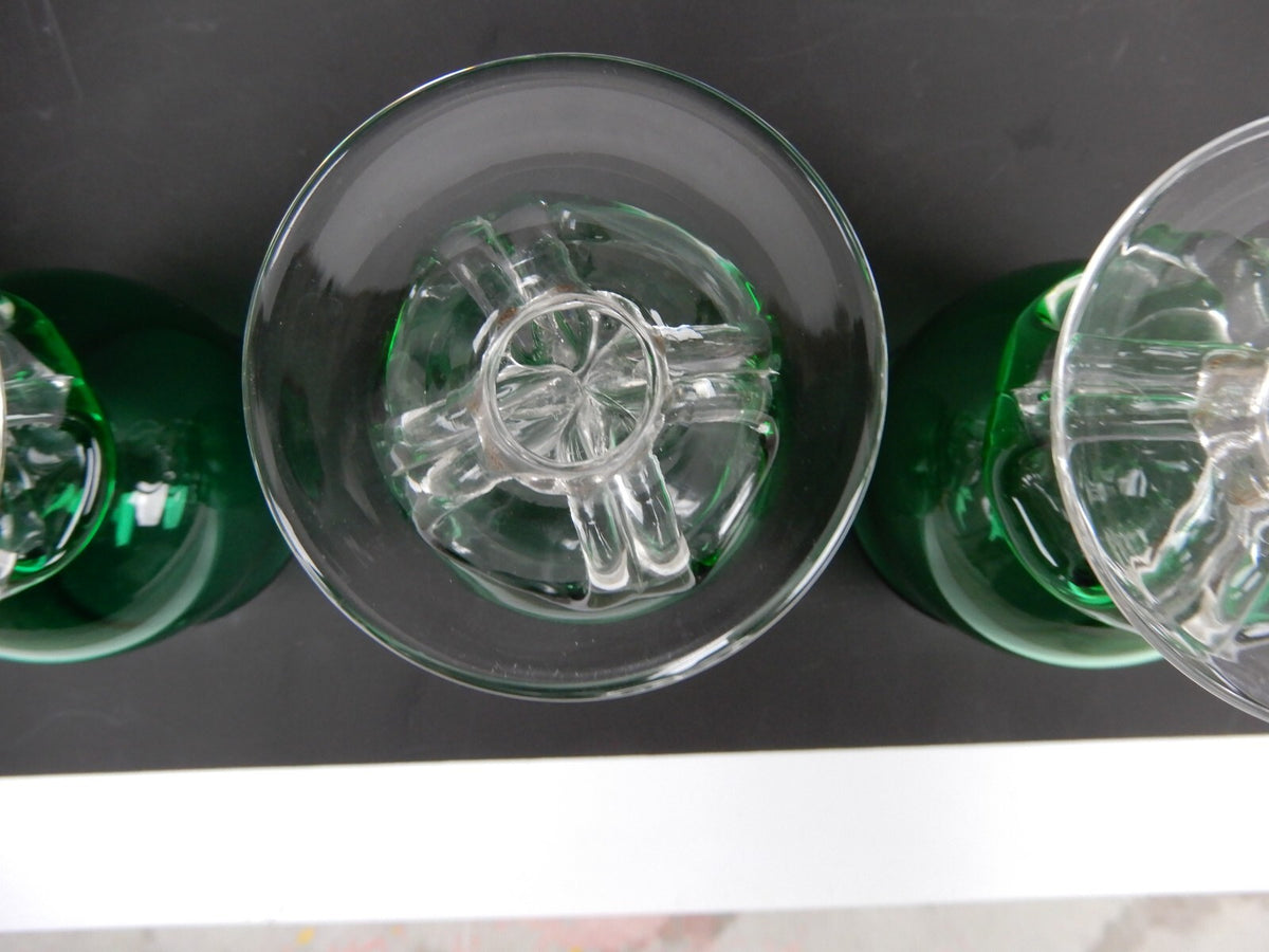 4 Hand Blown Forest Green With Clear Stemmed Cordial Liqueur 4oz Glasses