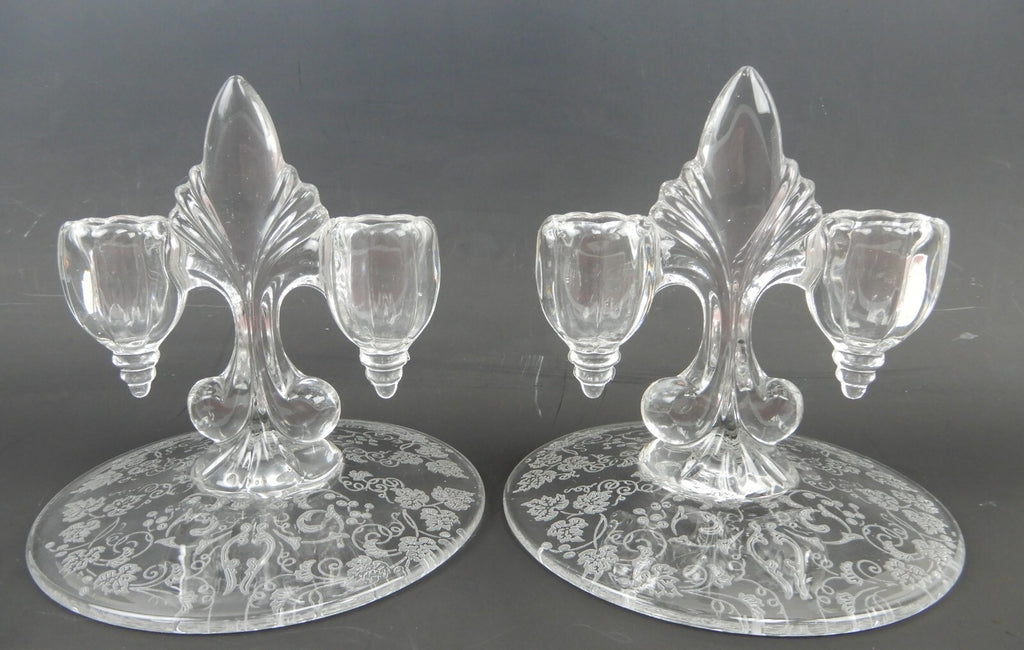 Pair of New Martinsville "Florentine" Double Light Fleur De Lis Candle Holders