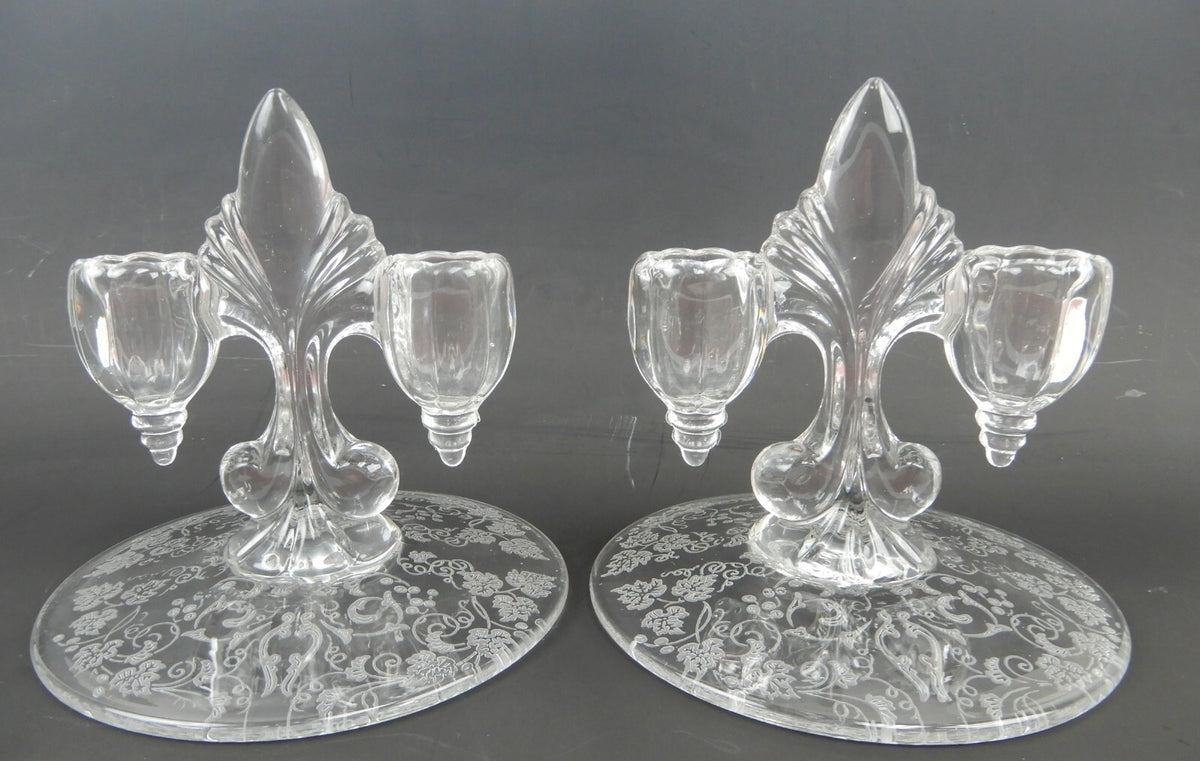Pair of New Martinsville "Florentine" Double Light Fleur De Lis Candle Holders