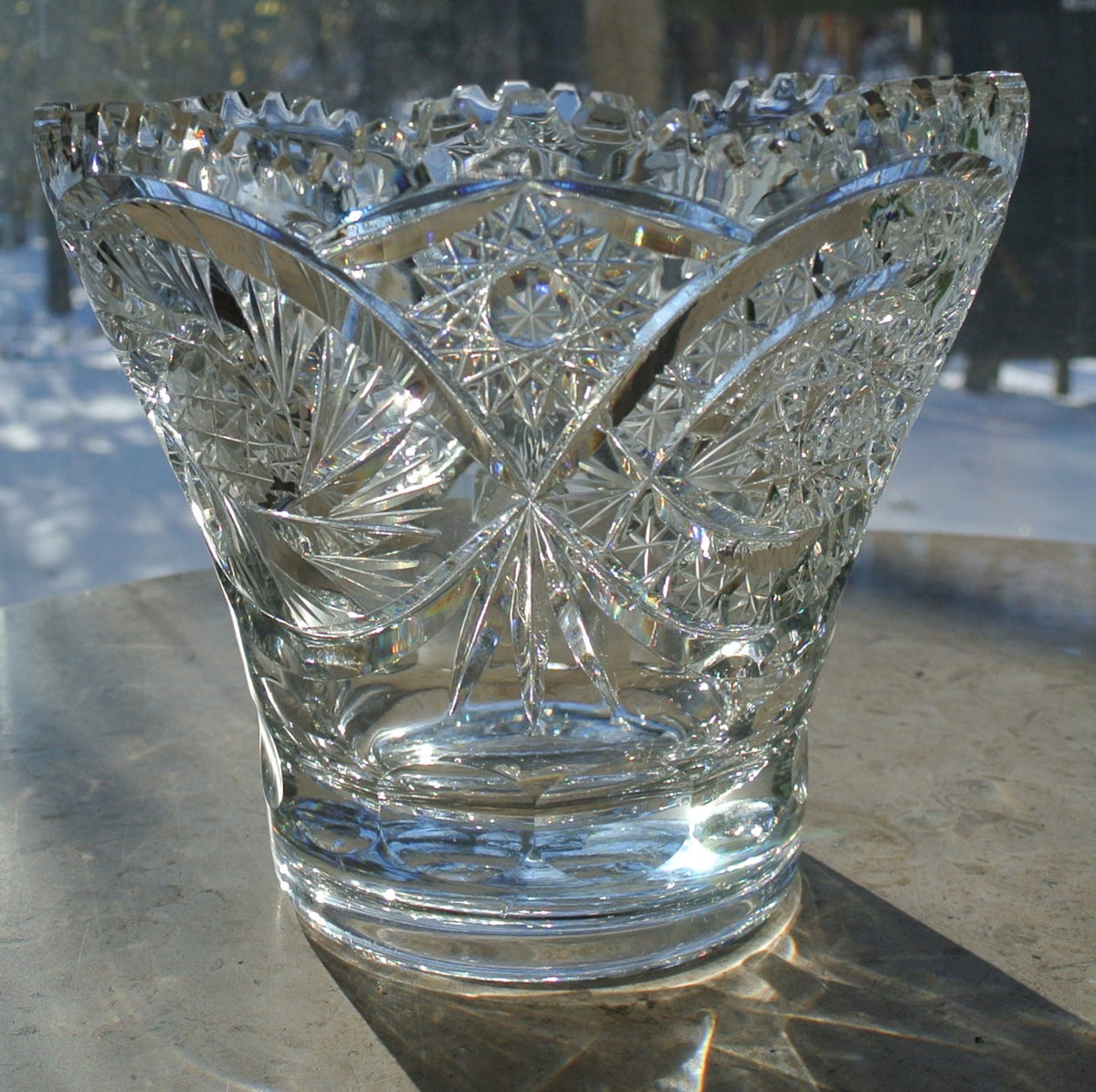 American Brilliant Period Hand Cut Glass Vase w/Hobstar, Pinwheels,Saw Tooth Rim