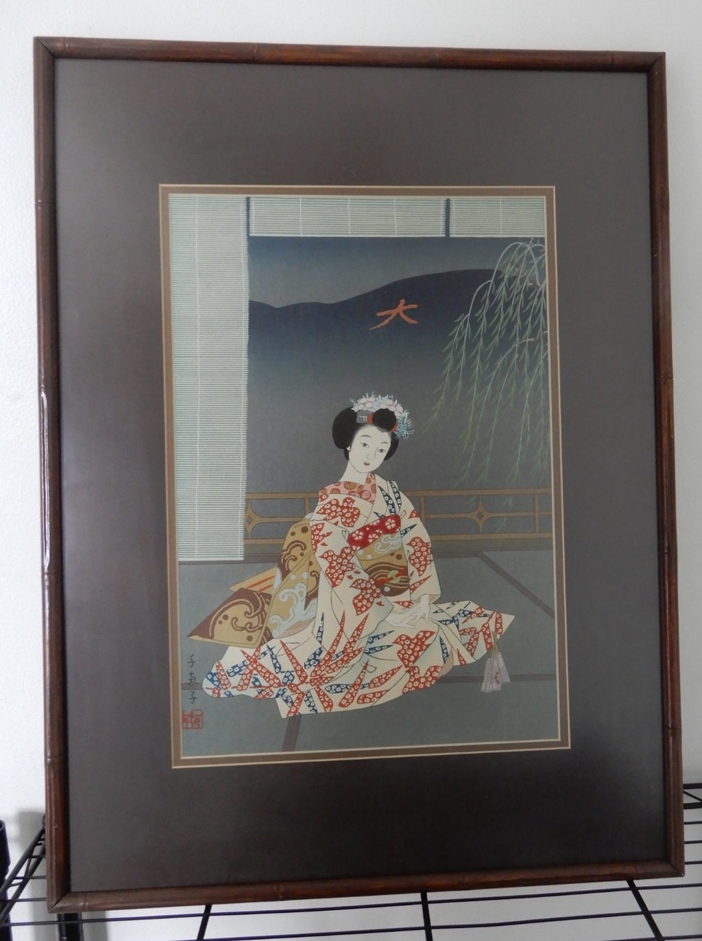 Maiko and a Willow Three Print in Fuki-bokashi Woodwork Japanese Technique Frame