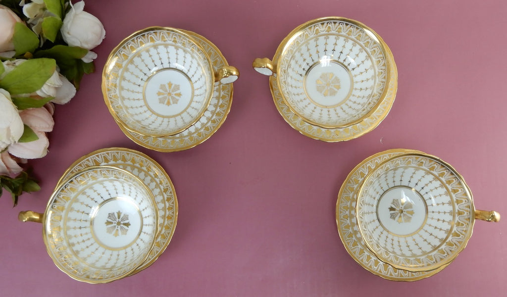 4 Antique Cauldon England 12oz Cups & Saucers Gold for Rich-Briggs.Co Boston