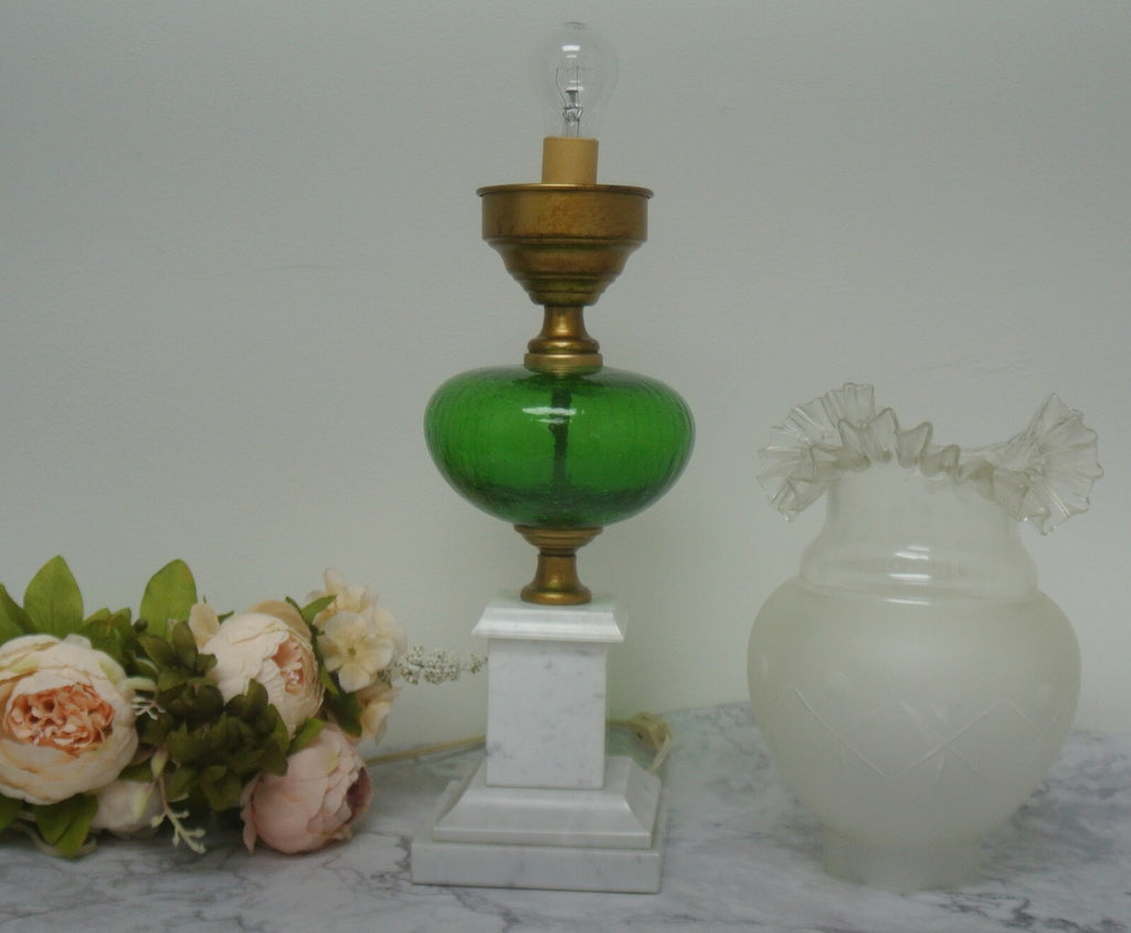 Vtge Italian White Carrara Marble & Green Crackled Hand Blown Glass Table Lamp