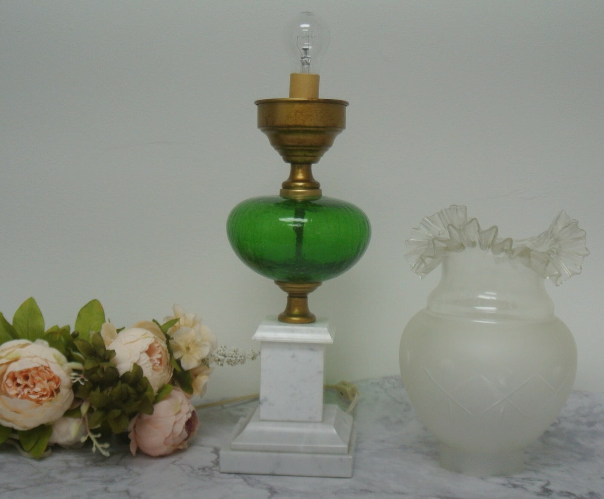 Vtge Italian White Carrara Marble & Green Crackled Hand Blown Glass Table Lamp