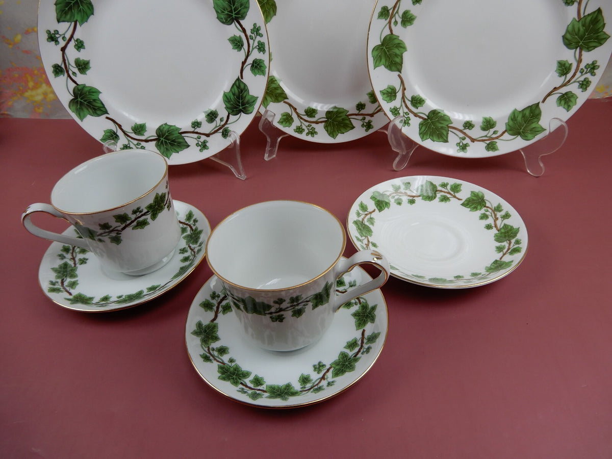 Crown Staffordshire Green Leaf 3 Desert Plates 2 Cups and 3 Saucers