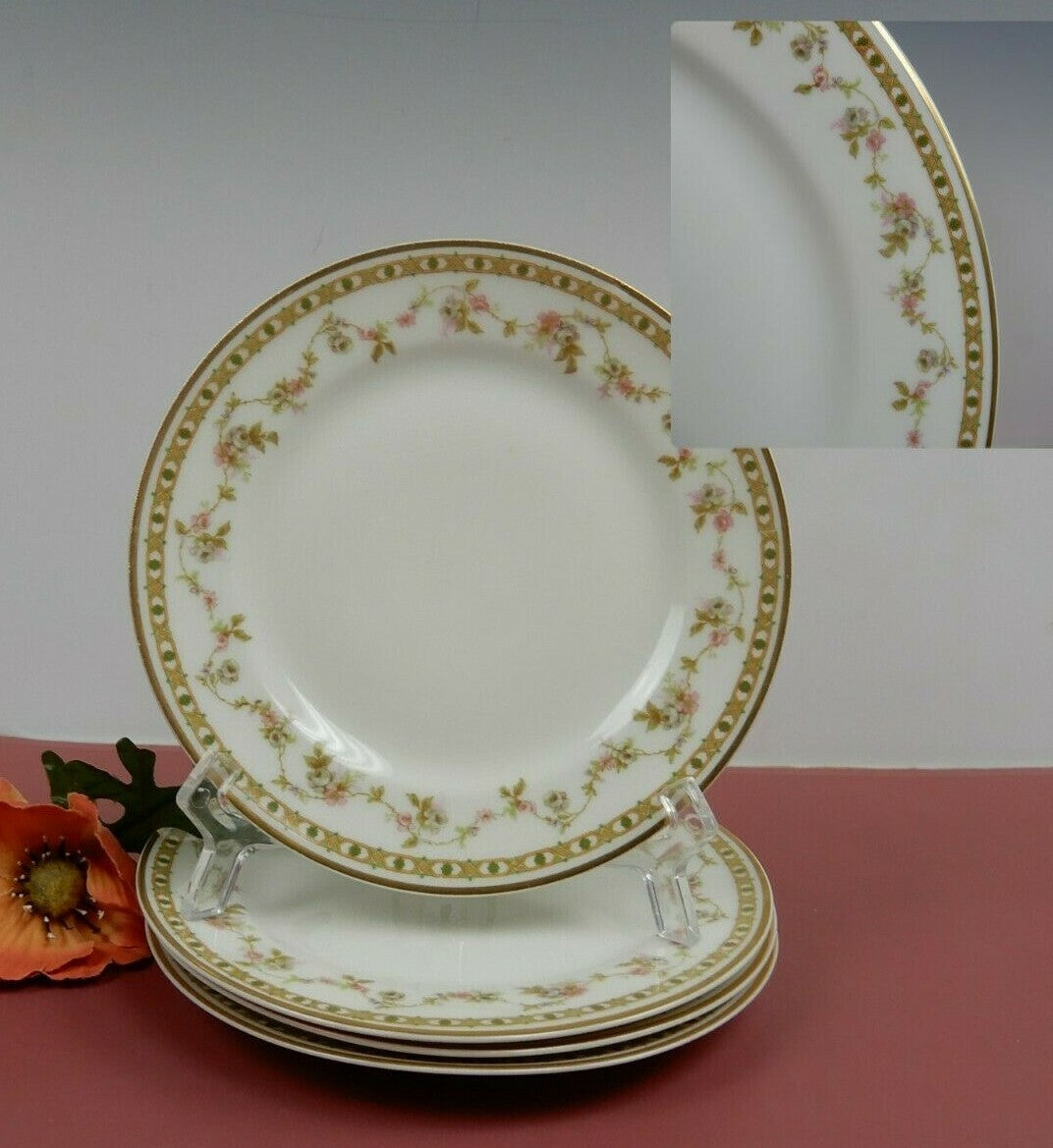 Theodore Haviland Limoges France Set of 4 Pink Roses B/B Plates w/ Gold Trim