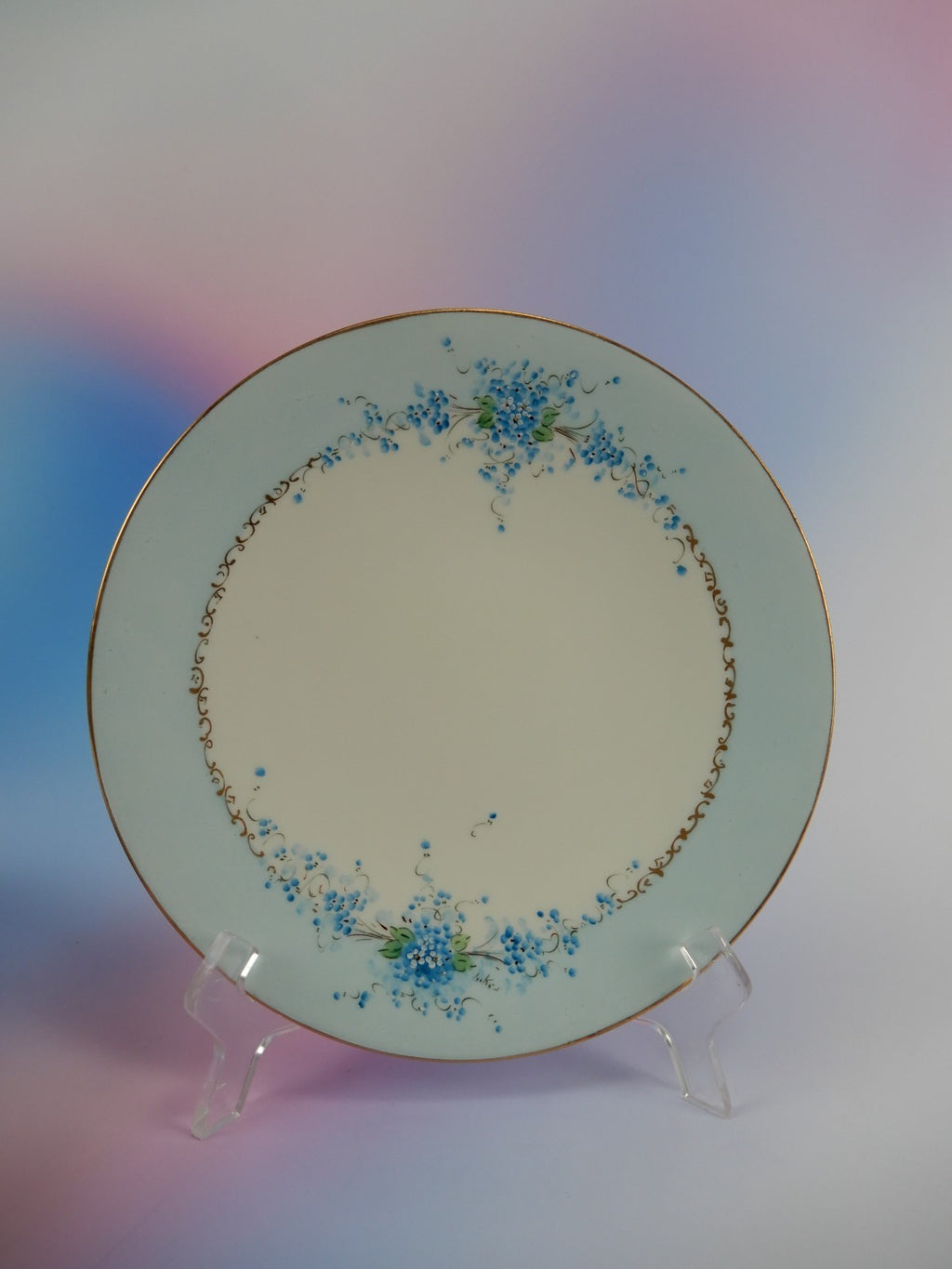 J.P. L. France Blue Forget Me Not Hand Painted Set of Five 9" Luncheon Plates