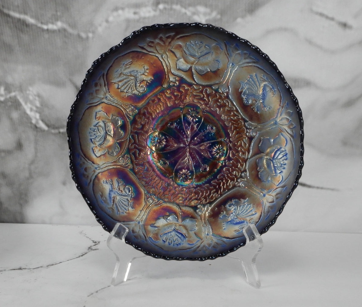 Fenton Amethyst Blue Carnival Glass Bowl Iridescent Dragon Lotus Pattern