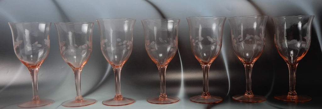 Set of 7 Pink Depression Floral Etched Stemware Wine Glasses ~10 Fluid Ounces