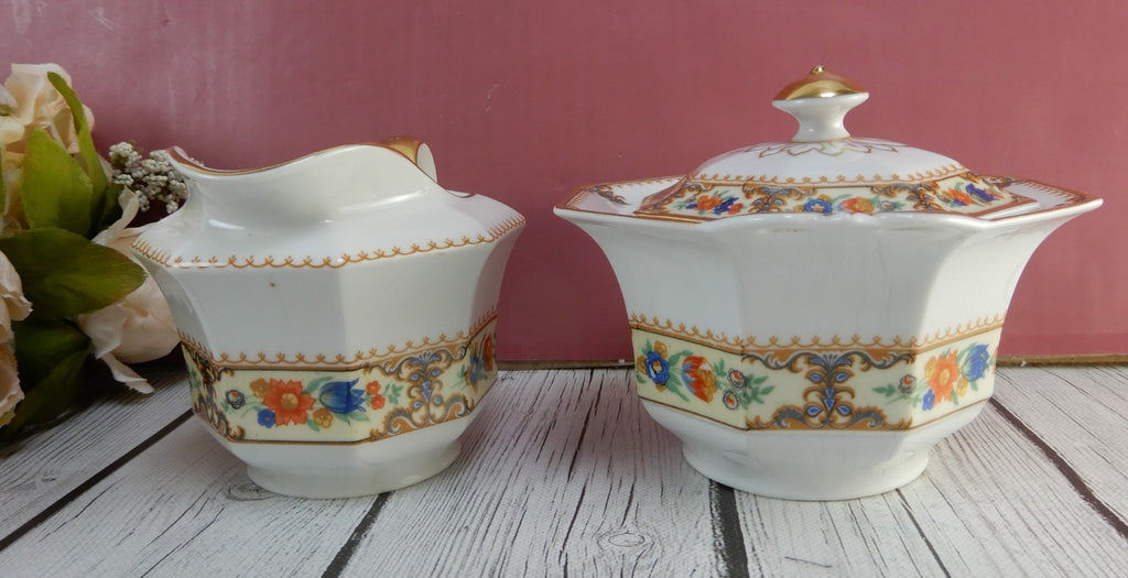 Pricess-China Geo F Bassett Bavaria Belwood Sugar Bowl&Creamer "Lowell Pattern"