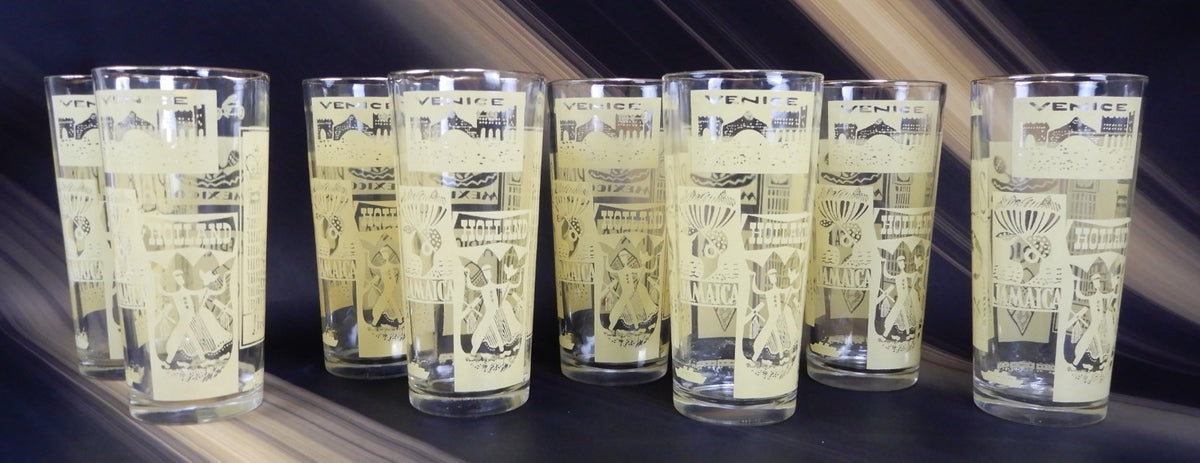 8 Piece Vintage High Ball Yellow Glass Travel Tumblers World Destination 16 oz