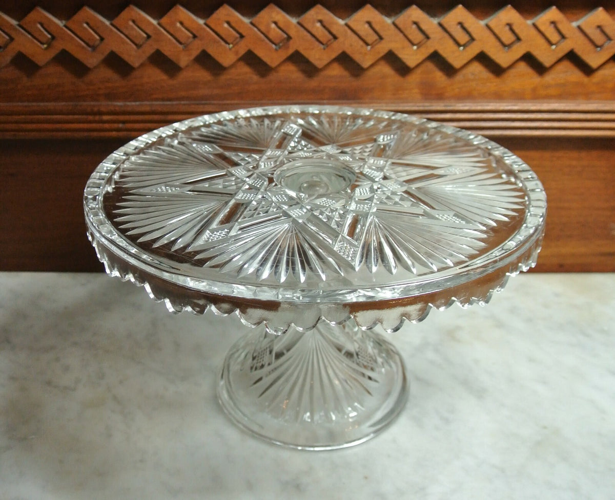Vintage Star and Fans Press Glass Cake Stand