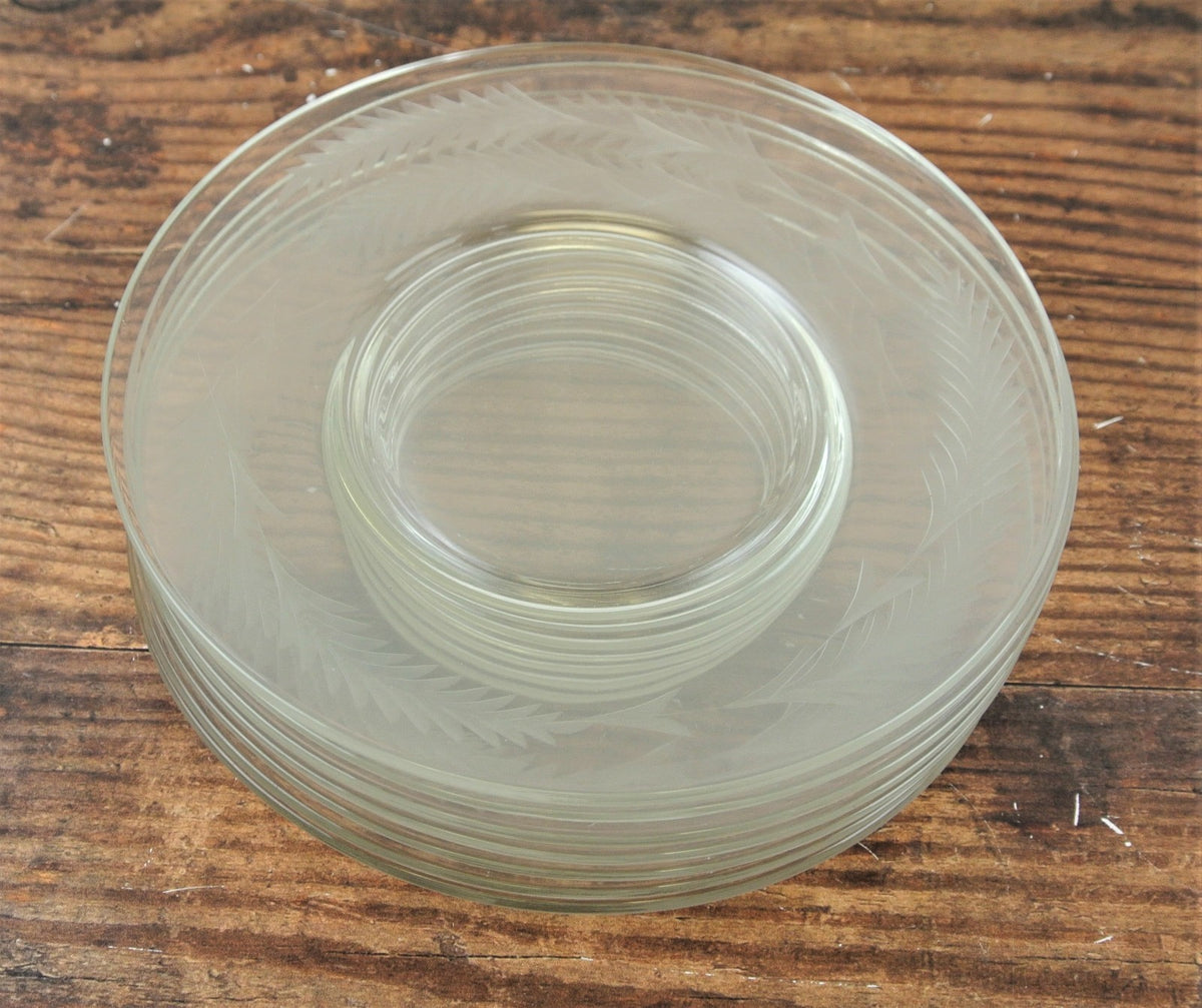 7 Clear 8" Dining Room Set Glass Plates Set With Leaf Pattern Etched