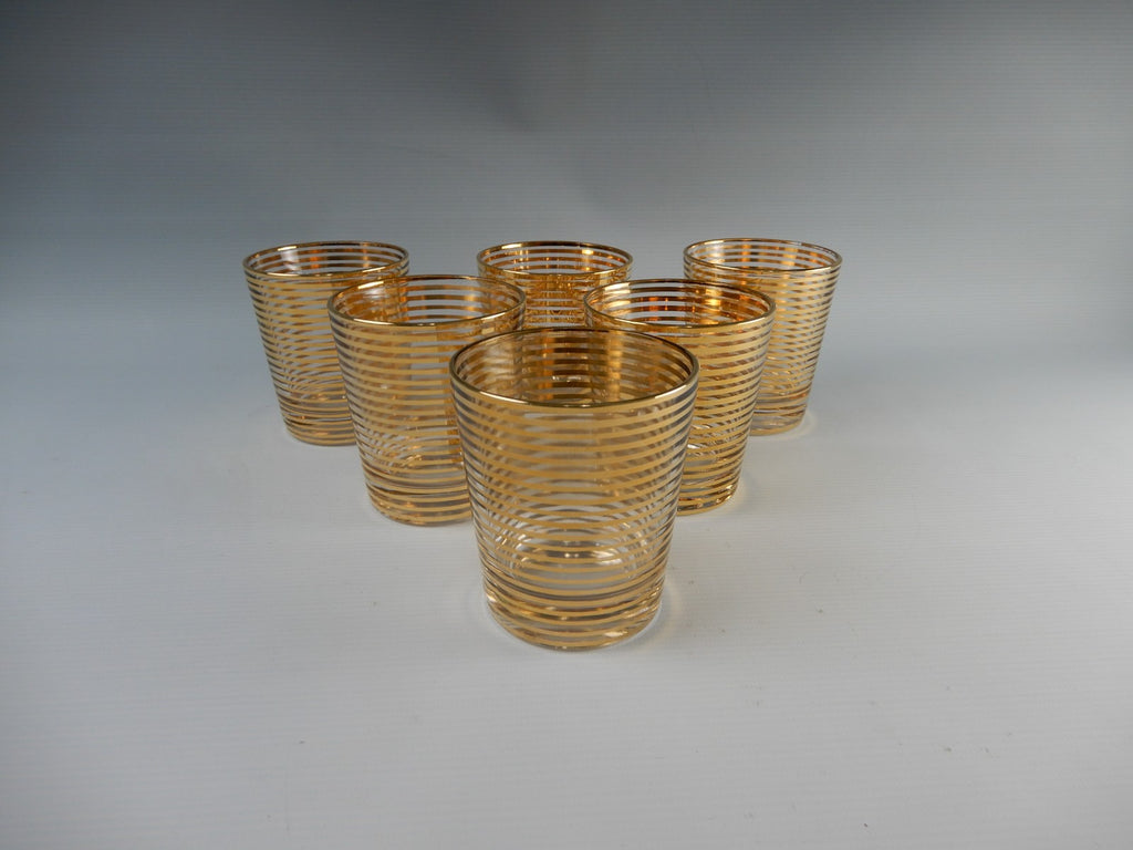6 Pc. Hollywood Regency Rock Glasses W/Horizontal Metallic Gold Bands 8 oz