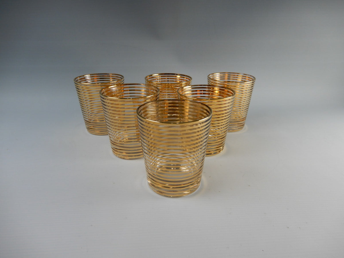 6 Pc. Hollywood Regency Rock Glasses W/Horizontal Metallic Gold Bands 8 oz