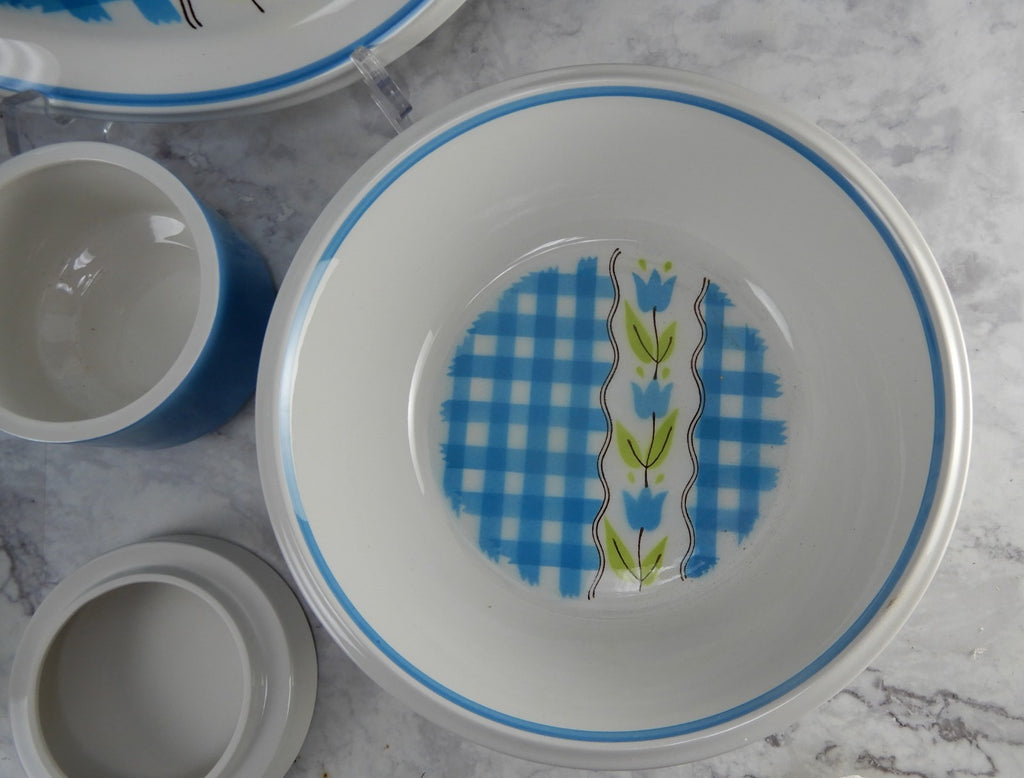 Vtge Mikasa Country Gingham Denim Serving Bowl,Creamer,Sugar Bowl,Round Platter