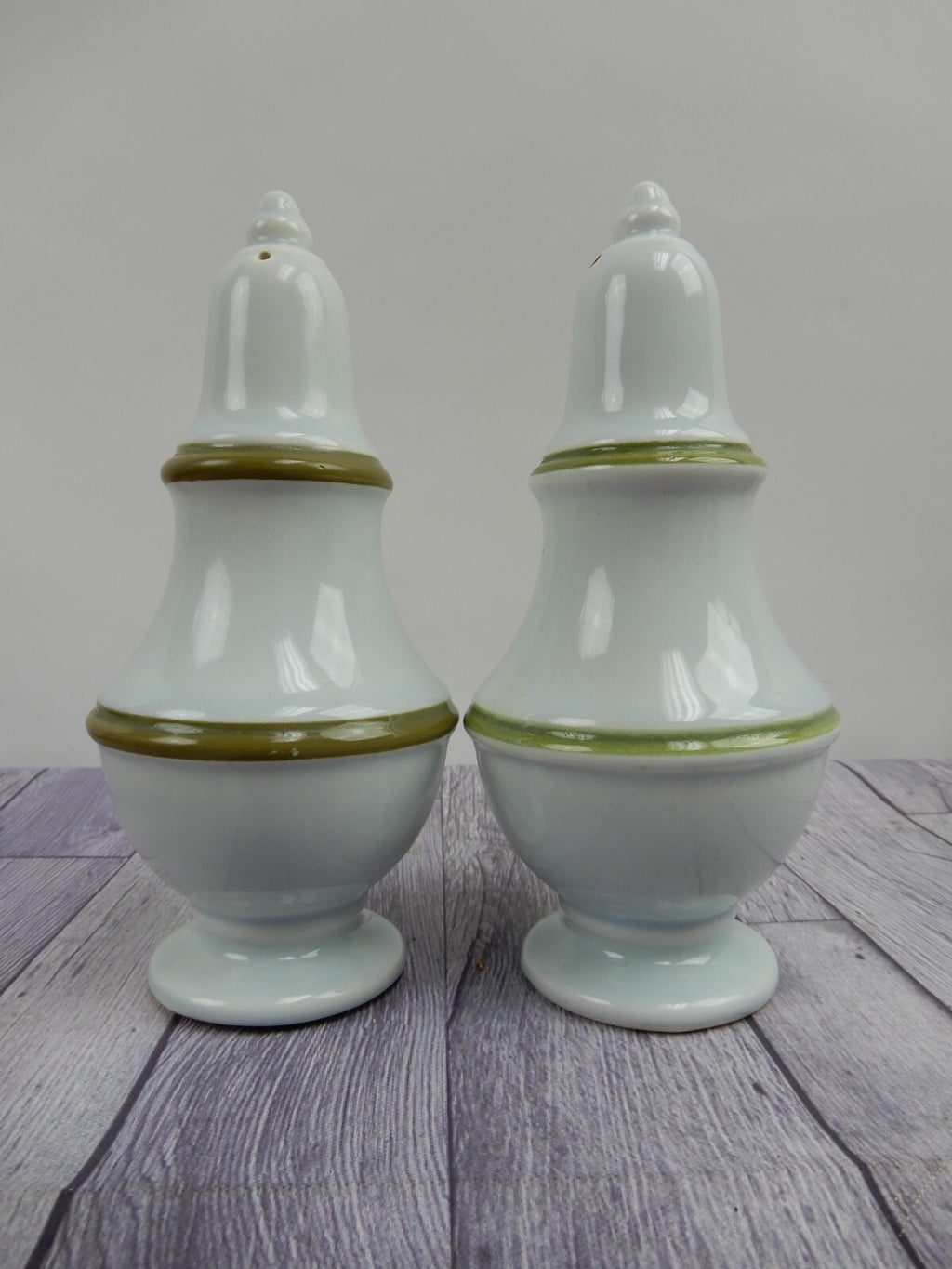 Set of Two Vintage Ironstone Big Salt & Pepper Shakers w/Green Bands