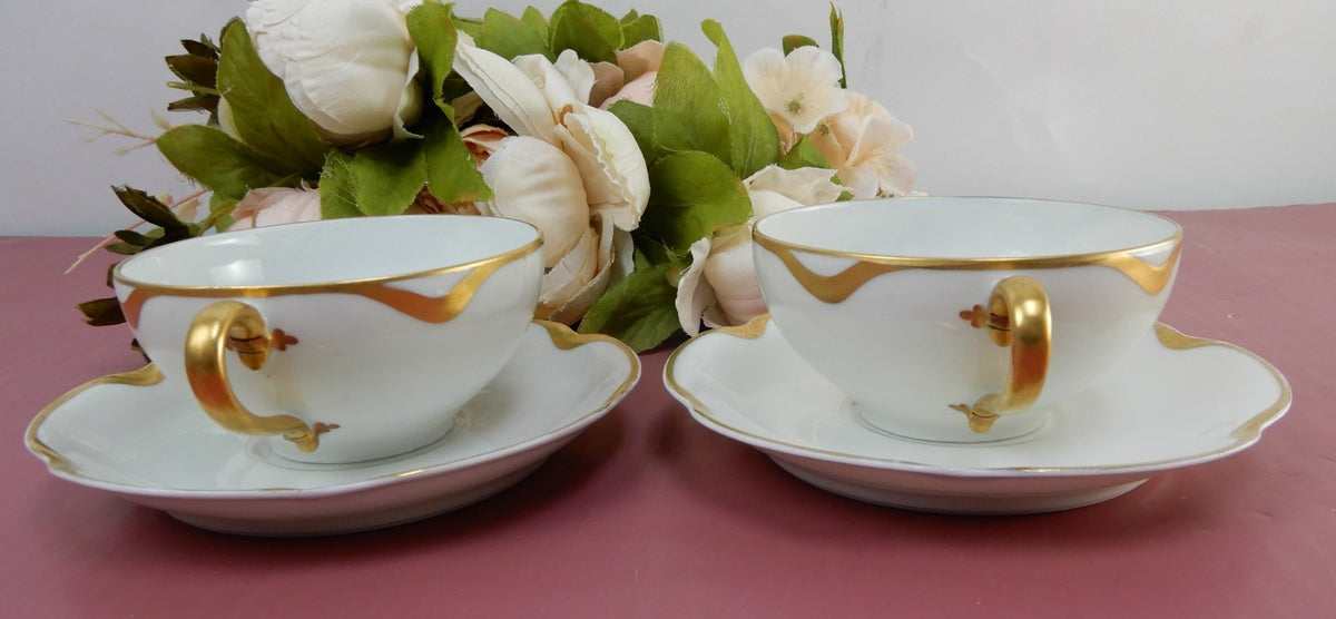 Two Silver Anniversary Schleiger 19 Haviland Limoges Bouillon Cups & Saucers