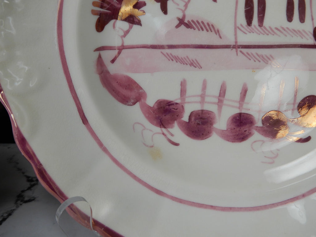 Antique Staffordshire Pink Luster Pearlware Embossed Handled Plates