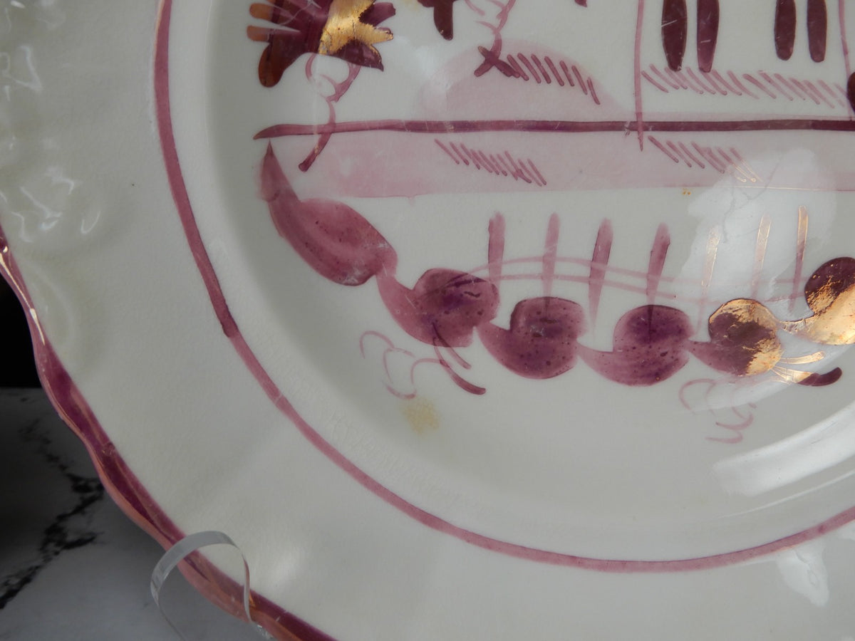 Antique Staffordshire Pink Luster Pearlware Embossed Handled Plates