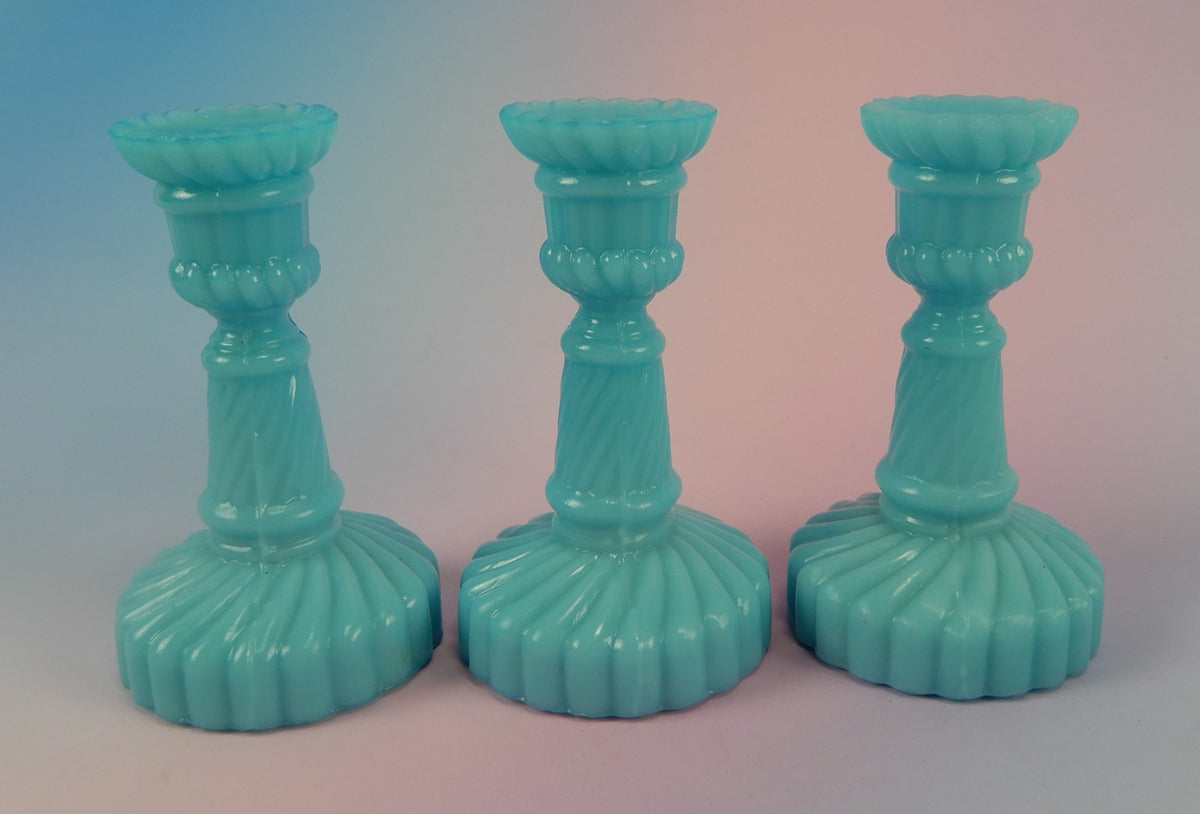 3 Small Portieux Vallerysthal Opaline Blue Milk Glass Candle Holders 3-1/2" H