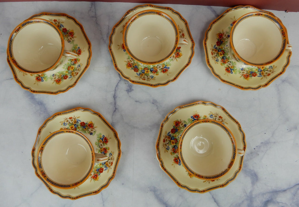 Set of 5 Vintage John Maddock & Sons "Meadow Flowers" Small Cup and Saucers