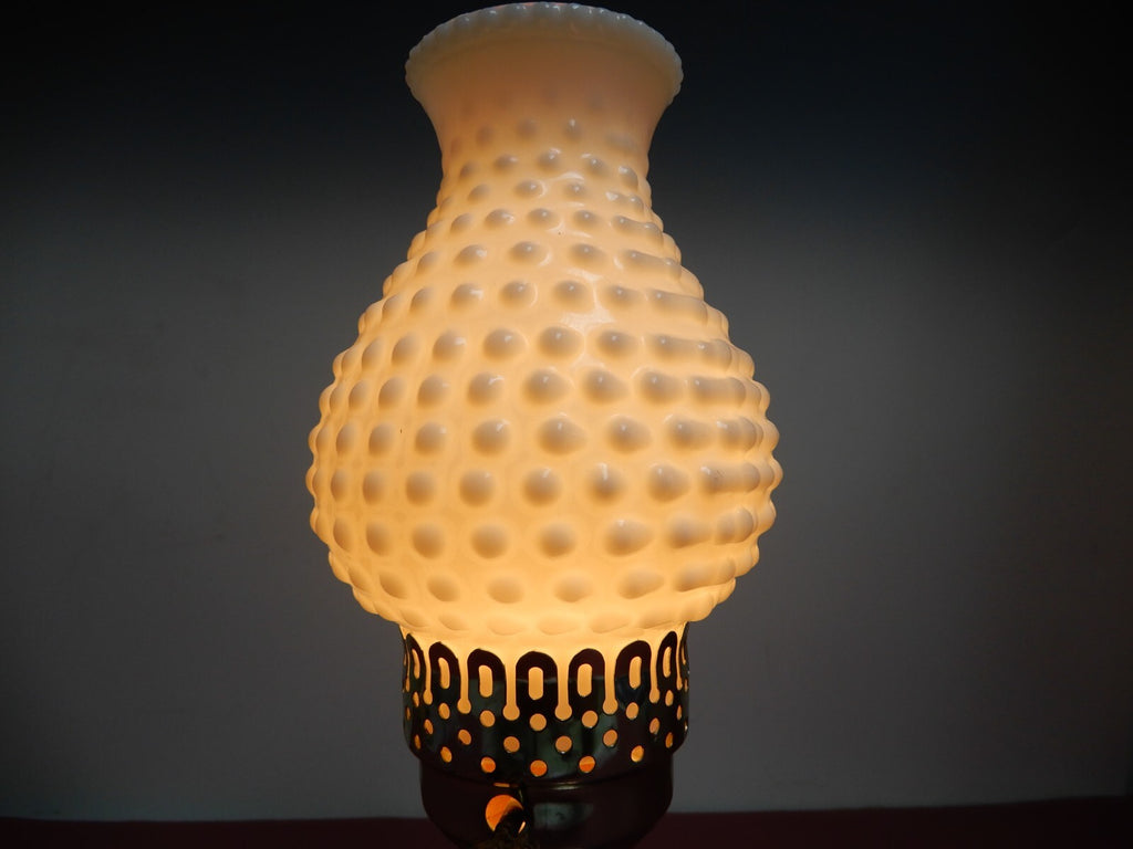 Vintage Table Lamp with Milk Glass Hobnail Lampshade W/Wood & Metallic Base