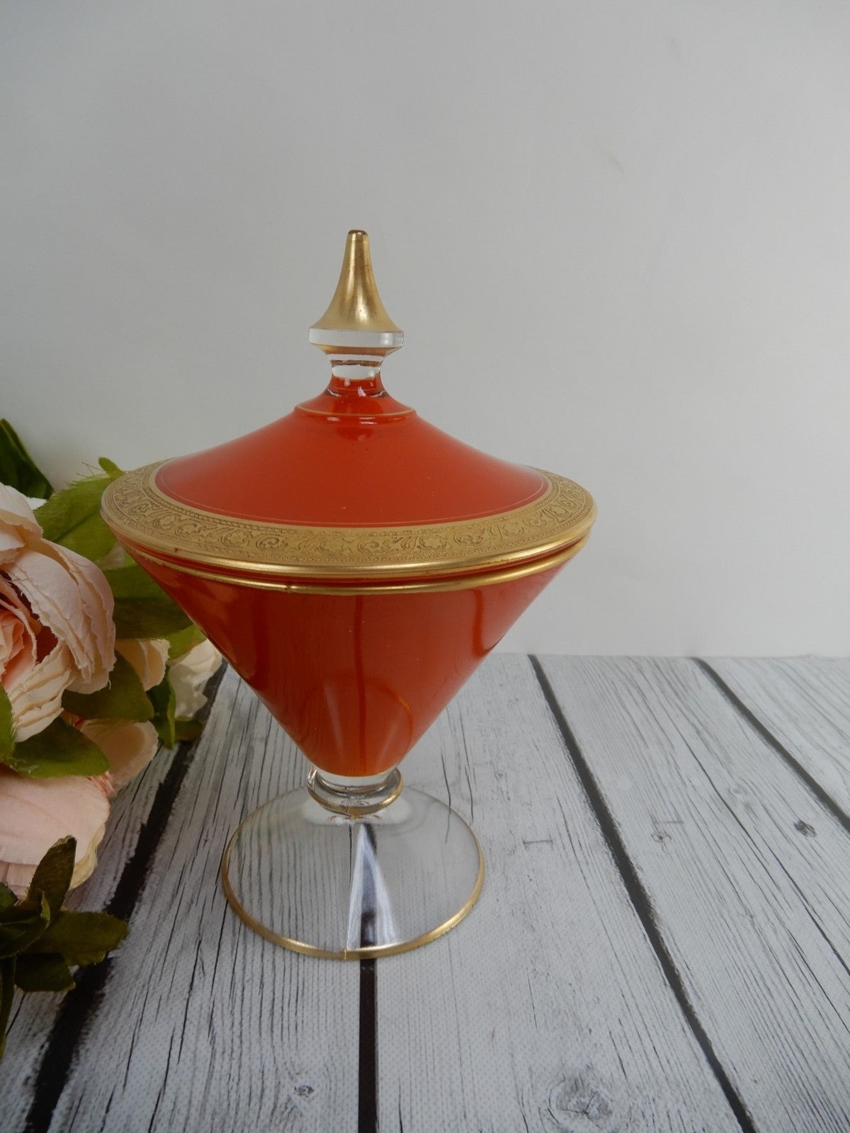 Vintage Rambler Rose Orange Glass Gold  Footed Candy Dish w/Lid