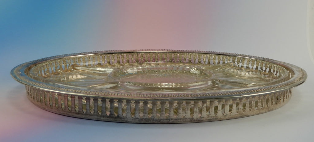 Vtge Silver-Plated Hors d’Oeuvres Serving Tray W/Glass Separate Inset 14-1/2"