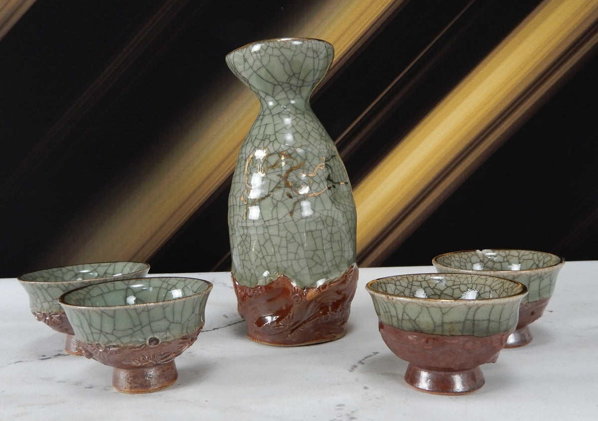 Vtg Japanese Obori Soma Ware Guinomi by Hansho “kikuoshi” Sake Pitcher and Cups