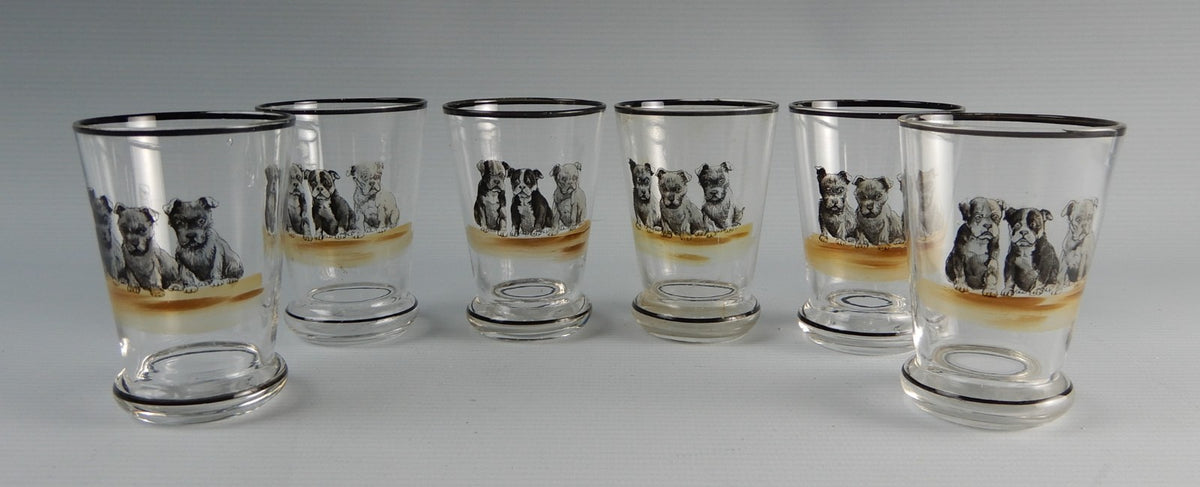 Vintage set of Six 3 oz Shot Glasses with Puppy Dogs