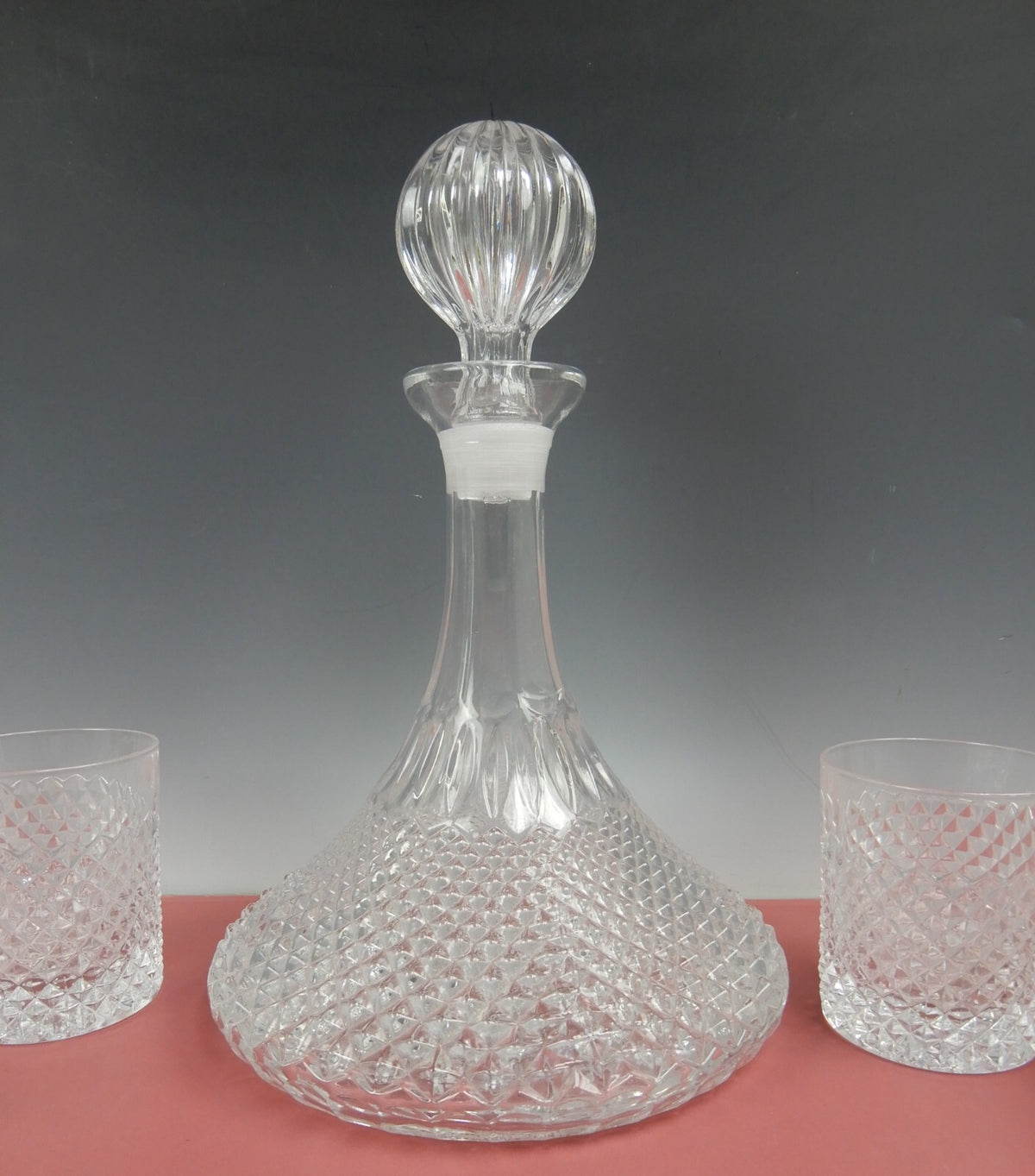 (7) Vintage Glass Diamond Pattern Ships Decanter and Drinking Glass Set
