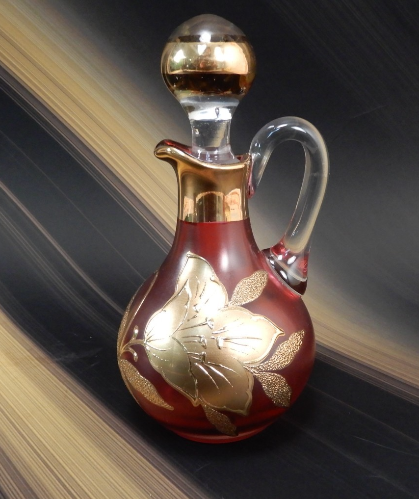 Vintage Bohemian Ruby  Red Glass Gold incustred Poppy Flowers Cruet with Stopper