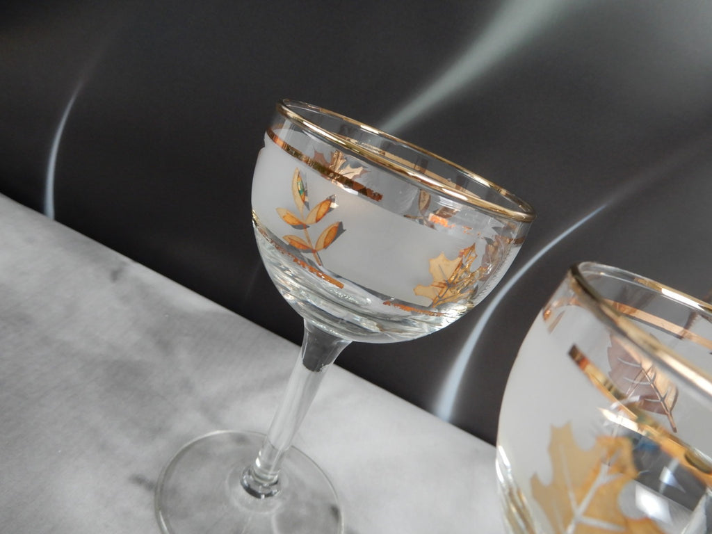Vtg. Libbey Frosted Golden Foliage Gold Leaf Glass Cocktail Glasses, Set of 8