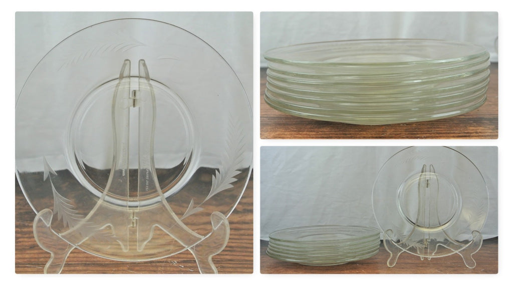 7 Clear 8" Dining Room Set Glass Plates Set With Leaf Pattern Etched