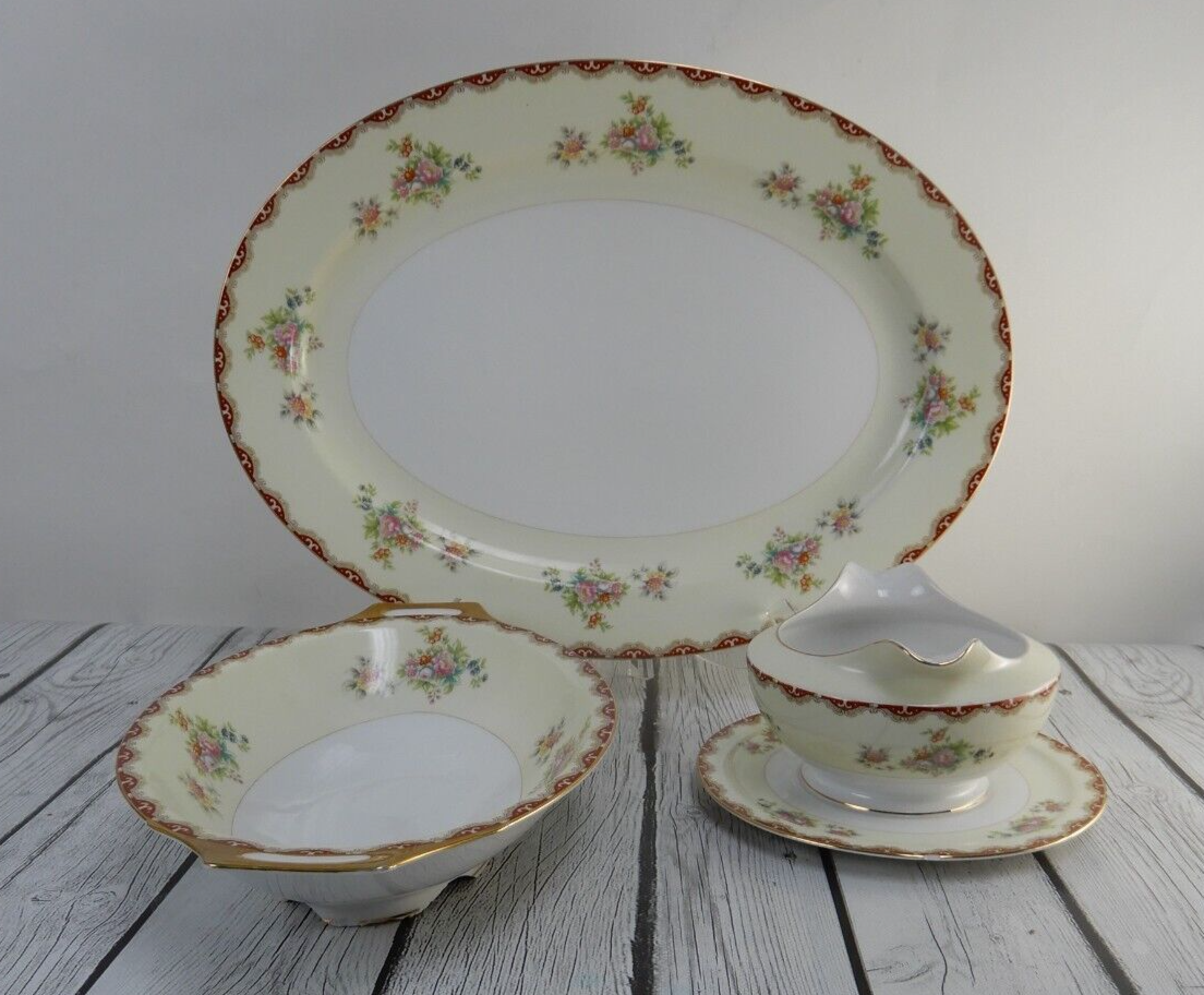 Set of 3 Pc. Meito China Floral Japan Platter,Serving Bowl,Gravy Bowl WITH CHIPS