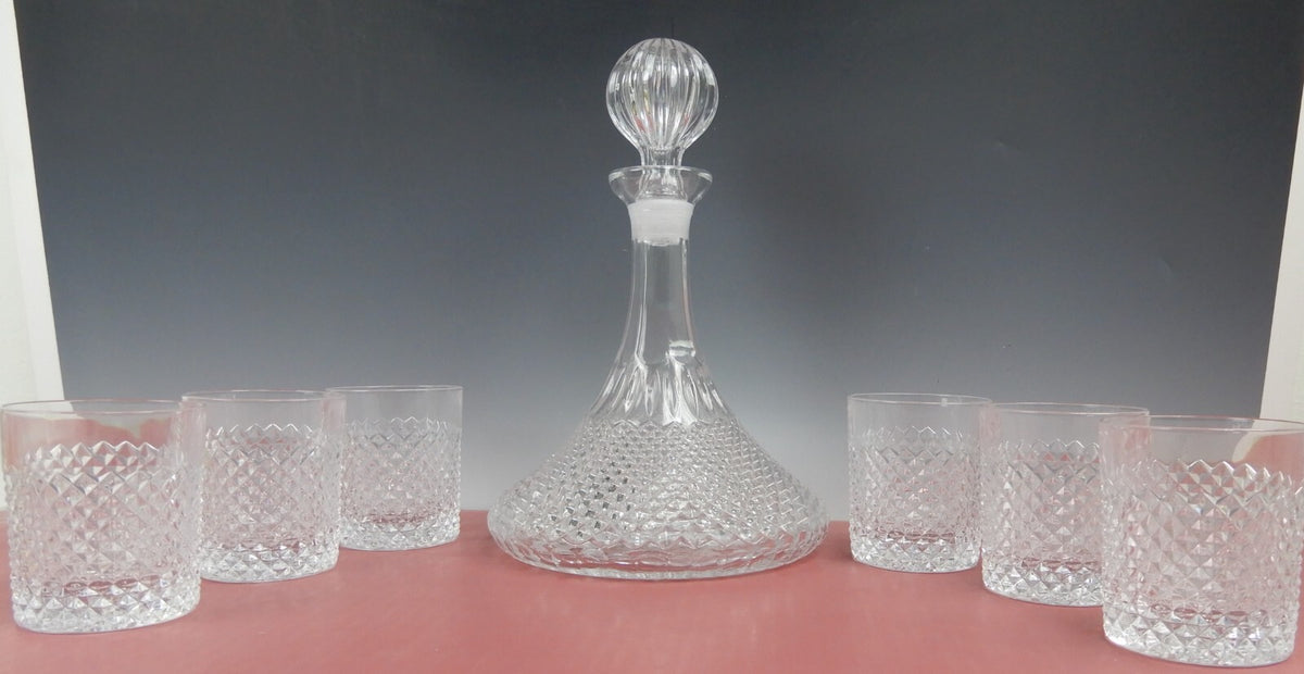 (7) Vintage Glass Diamond Pattern Ships Decanter and Drinking Glass Set