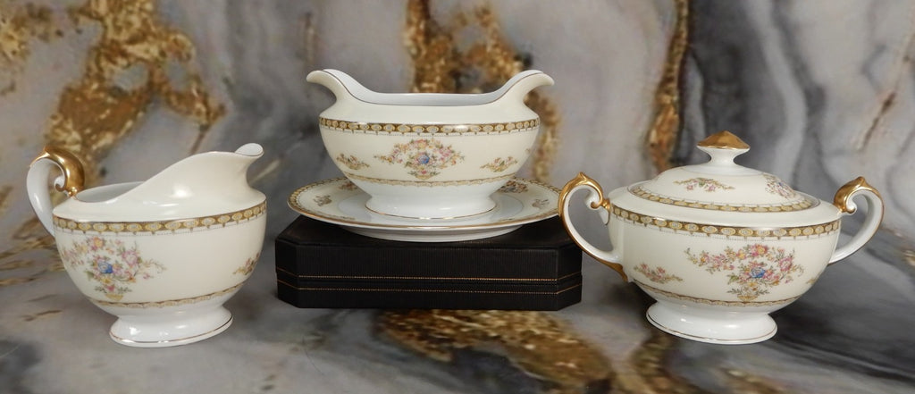 Vintage Royal Embassy China "Fresno" Gravy Boat,Sugar Bowl and Creamer