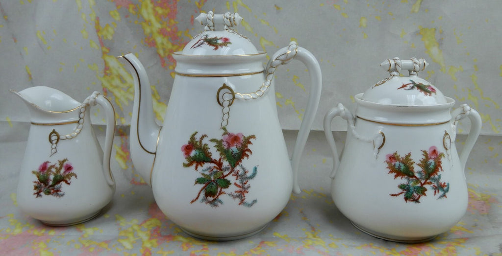 Vintage Haviland Limoge France "Moss Rose" Large Coffee Pot,Creamer ,Sugar Bowl