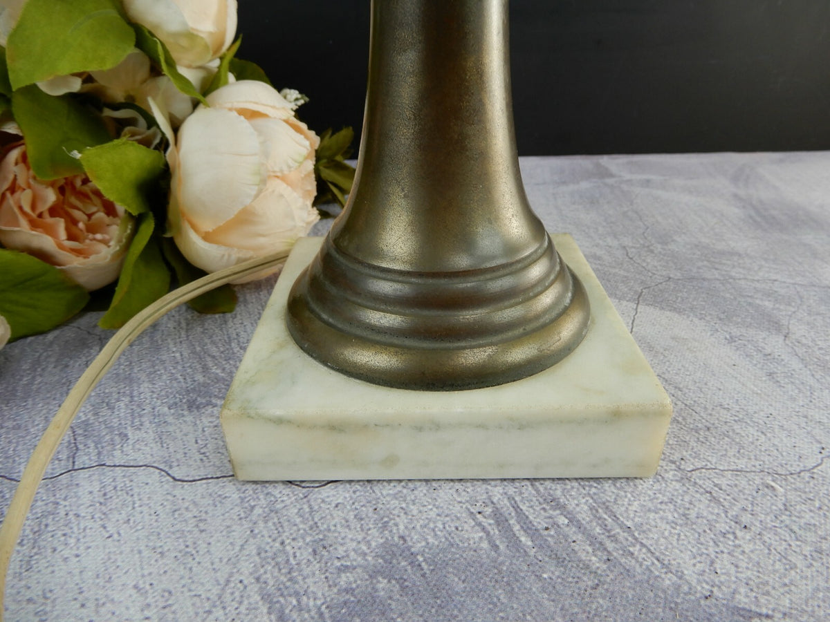 Vintage Marble Base Table Lamp Milk Glass Hand Painted Flower