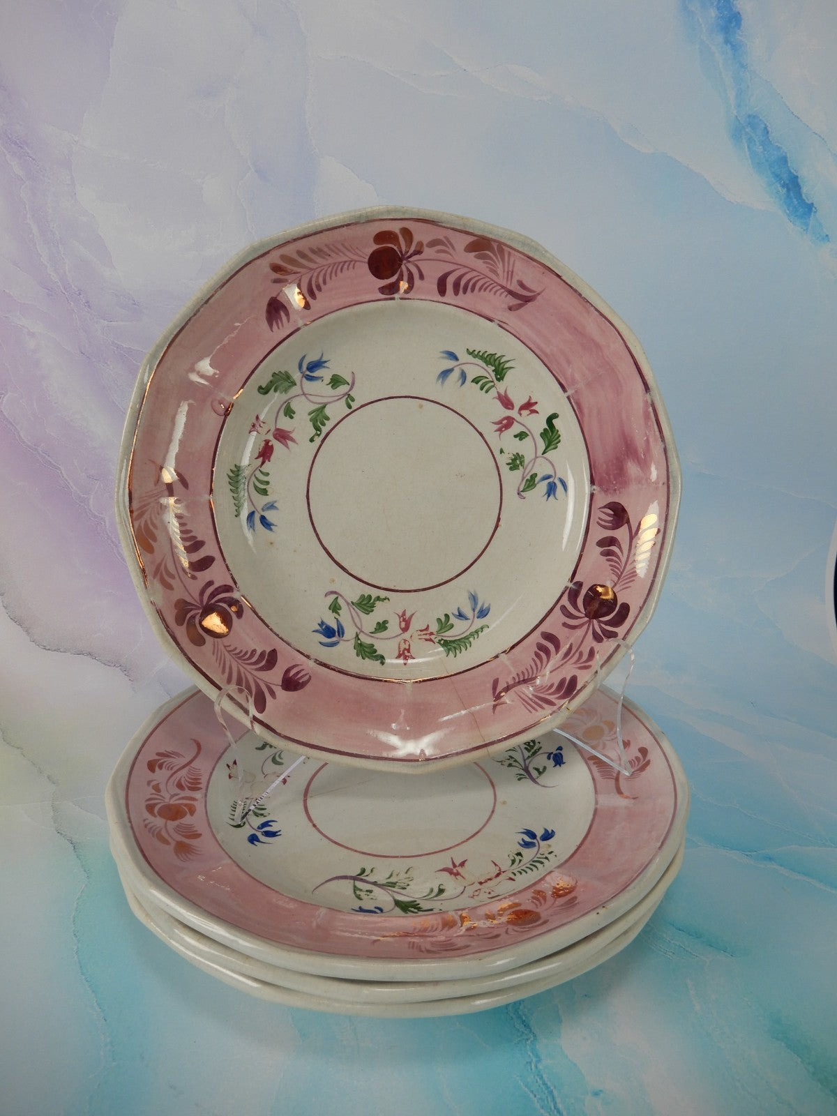 Set of 4 Vintage Staffordshire Pink Luster Salad Plates 8" C