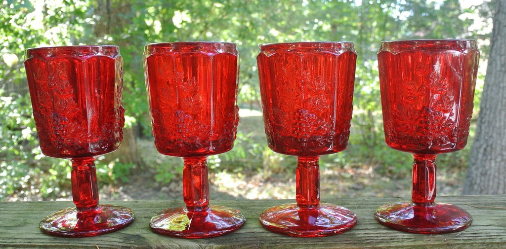 Set of 4 L. G. Wright Ruby Red Glass Westmoreland's Paneled Grape 6" Goblets 8oz