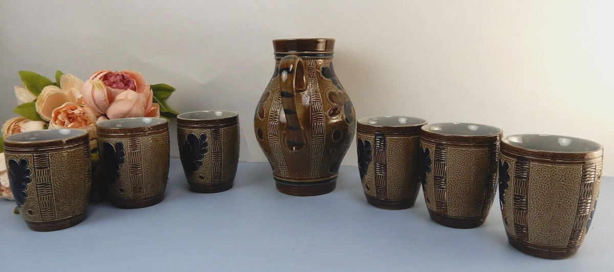 Vintage Marzi Remy German Stoneware Brown Blue Salt Glaze Wine /Jug W/ 6 Cups