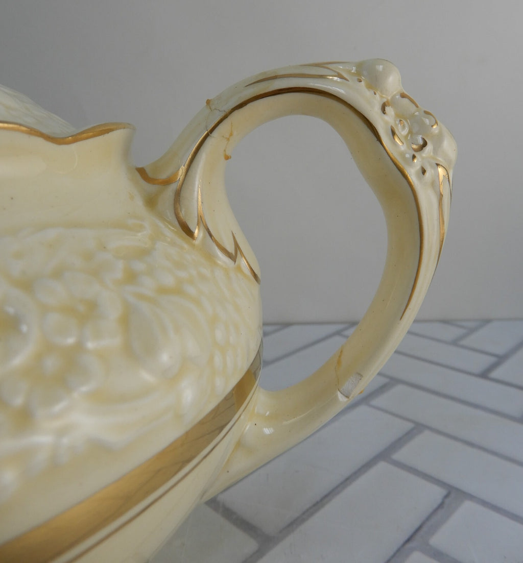 Crown Ducal Gold Gild Band Florentine Sand Cream Teapot with Fixed Handle As Is