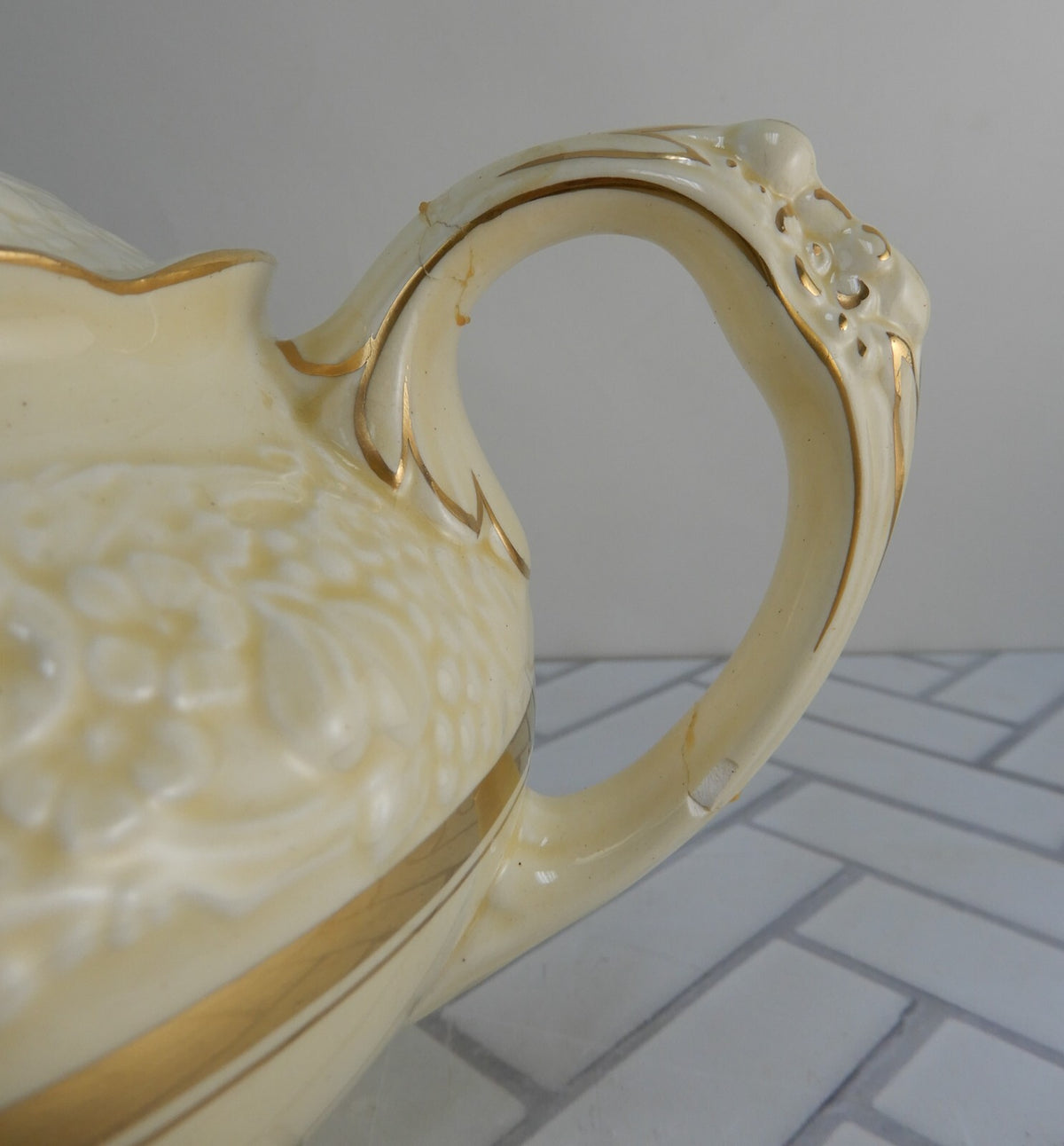 Crown Ducal Gold Gild Band Florentine Sand Cream Teapot with Fixed Handle As Is