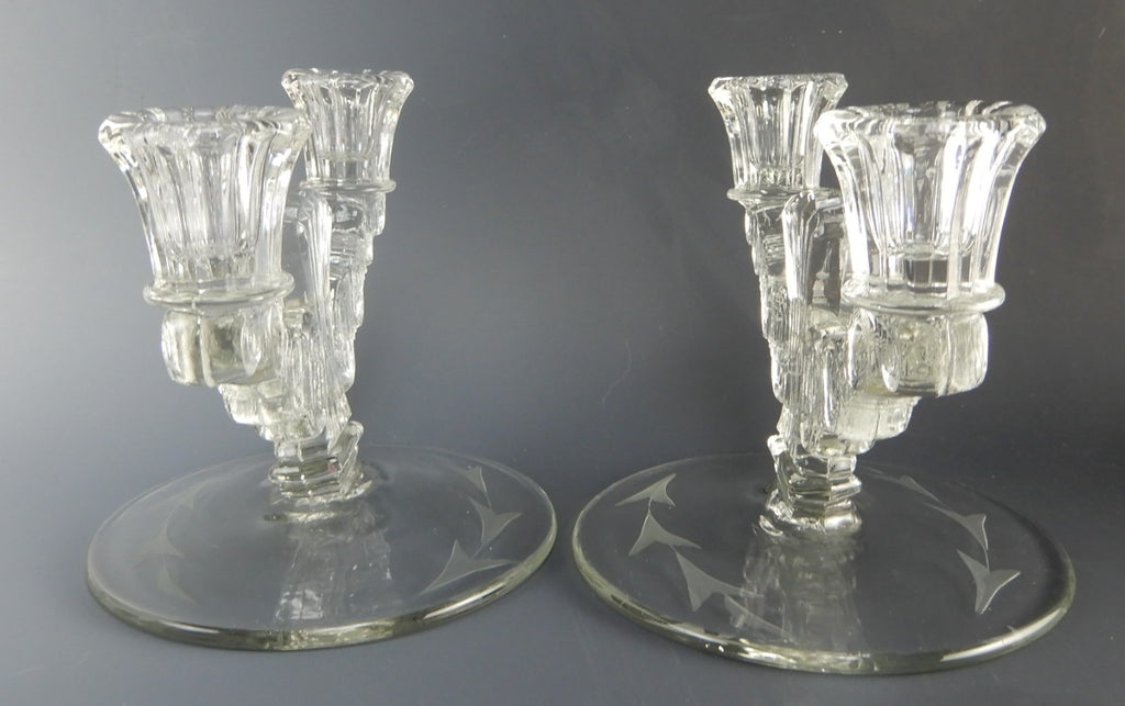 Pair of Paden City Largo Double Light Candle Holders Etch Leaf Base