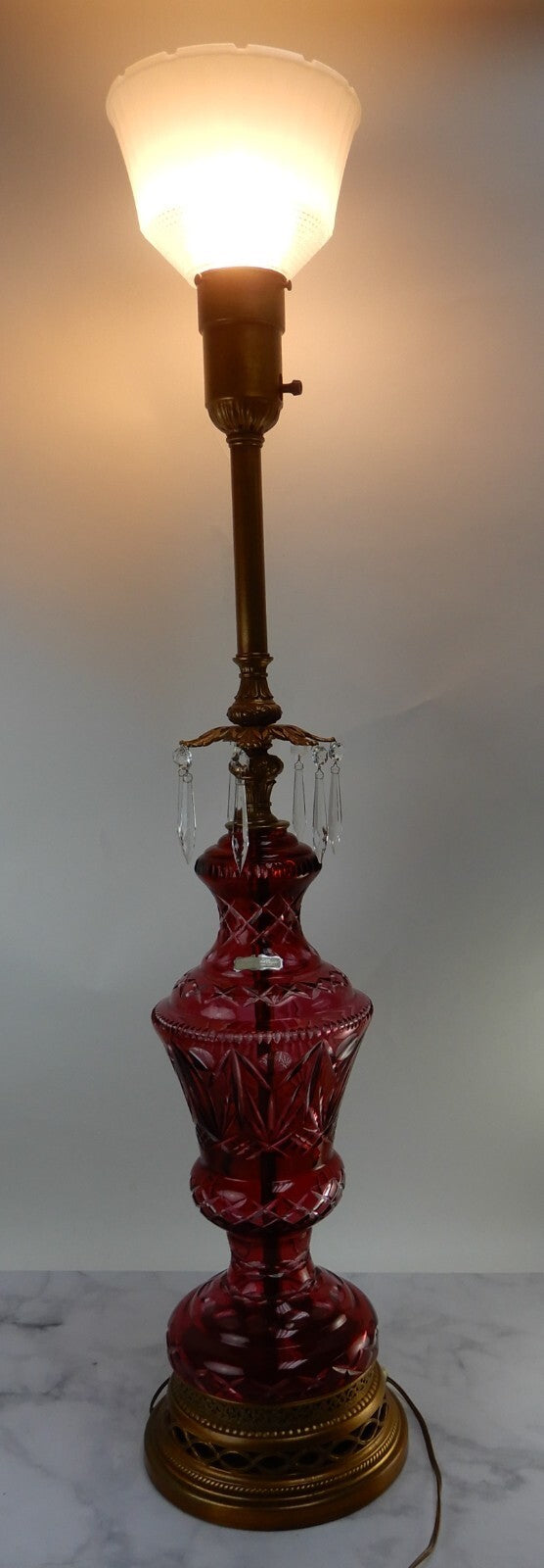 Vtge Western Germany Ruby Red Hand Cut Lead Crystal 3 Way Table Lamp 44-1/2" H